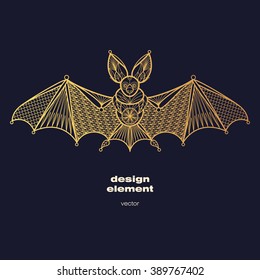 Vector design element - bat. Icon decorative animal isolated on black background. Modern decorative illustration. Template for creating logo, emblem, sign, poster. Concept of gold foil print.