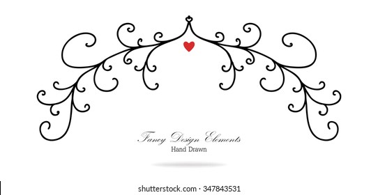 vector design element, beautiful fancy curls and swirls divider or underline design, black ink lines with small red heart. Can be placed on any color. Wedding or valentines day design element.