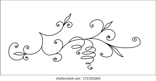 Vector design element, beautiful fantasy vine leaves and swirl paragraph emphasize illustration, black ink lines isolated on white background.
