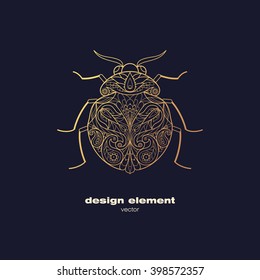 Vector design element - beetle. Icon decorative insect isolated on black background. Modern decorative illustration. Template for logo, emblem, sign, poster. Concept of gold foil print. svg