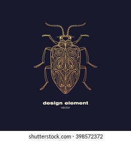 Vector design element - beetle. Icon decorative insect isolated on black background. Modern decorative illustration. Template for logo, emblem, sign, poster. Concept of gold foil print. svg