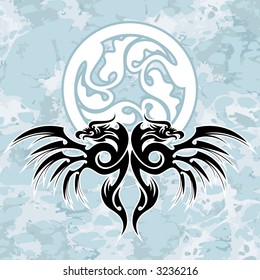 vector design element, black dragons and circle on grunge background. Well  will approach for cd or t-shirt