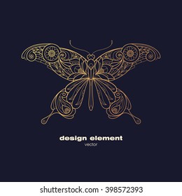 Vector design element - butterfly. Icon decorative insect isolated on black background. Modern decorative illustration. Template for logo, emblem, sign, poster. Concept of gold foil print.