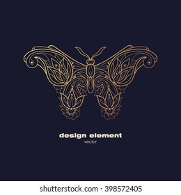 Vector design element - butterfly. Icon decorative insect isolated on black background. Modern decorative illustration. Template for logo, emblem, sign, poster. Concept of gold foil print.