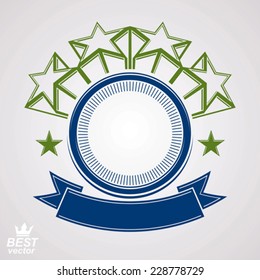 Vector design element, celebration pentagonal stars web emblem with wavy ribbon. Union and idea clear eps8 heraldic object. Corporate award.