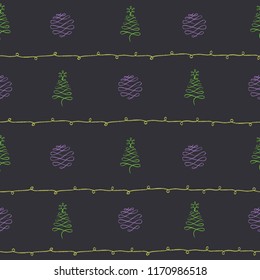 Vector design element. Chalk style shapes. Stylized fur tree and ball. New year and Christmas motives. Element of seamless pattern.