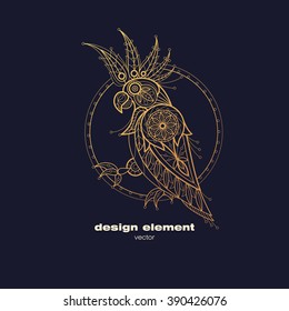 Vector design element - cockatoo. Icon decorative bird isolated on black background. Modern decorative illustration animal. Template for logo, emblem, sign, poster. Concept of gold foil print.