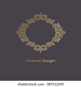 Vector design element. Concept of  unusual abstract luxury logo. Template for creating icon, symbol, emblem, monogram, frame. Linear trend style. Illustration gold pattern on black background.