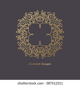 Vector design element. Concept of  unusual abstract luxury logo. Template for creating icon, symbol, emblem, monogram, frame. Linear trend style. Illustration gold pattern on black background.
