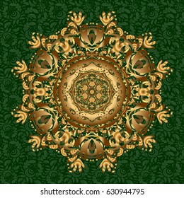 Vector design element. Concept unusual abstract luxury decor. Illustration gold pattern on a green background. Linear trend style.