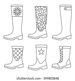 vector design element, contour, black and white illustration, painting, autumn, rubber boots for rainy weather, adult coloring book, doodle style