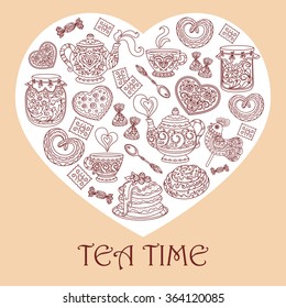 vector design element, contour illustration tea time, heart, sweets, coffee, tea, breakfast, doodle set, menu, invitation