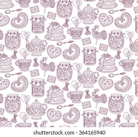 vector design element, contour illustration, seamless pattern, tea time, heart, sweets, coffee, tea, breakfast