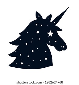 Vector design element. Dark blue silhouette  of a unicorn with stars, sticker.