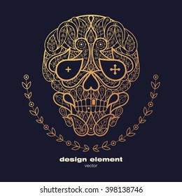 Vector design element - Dead Head. Icon decorative skull isolated on black background. Modern decorative illustration. Template for creating logo, emblem, sign, poster. Concept of gold foil print.