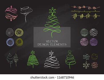 Vector design element. Different chalk style shapes. Stylized fur tree shapes. New year and Christmas motives.