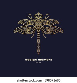 Vector design element - dragonfly. Icon decorative insect isolated on black background. Modern decorative illustration. Template for logo, emblem, sign, poster. Concept of gold foil print.