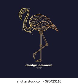 Vector design element flamingo. Icon decorative bird isolated on black background. Modern decorative illustration animal. Template for creating logo, emblem, sign, poster. Concept of gold foil print.