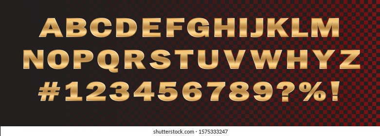 Vector design element of gold font numbers and typography alphabet letters. Vecton illustration on a dark isolated background