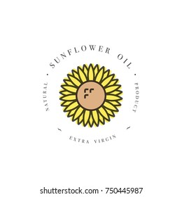 Vector design element and icon in linear style - sunflower oil - healthy vegan food. Logo sign