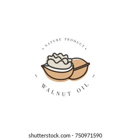 Vector design element and icon in linear style - walnut oil - healthy vegan food. Organic butter ingredient. Logo sign