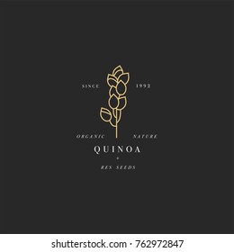 Vector Design Element And Icon In Linear Style - Quinoa - Healthy Eco Food. Organic Ingredient. Golden Logo Sign