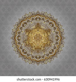 Vector design element. Linear trend style. Illustration gold pattern on a gray background. Template for creating logo, icon, symbol, emblem, monogram frame. Concept unusual abstract luxury decor.