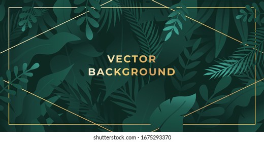 Vector design element, logo design template with copy space - horizontal banner with green leaves and plants with golden frame