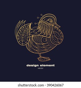 Vector design element - mandarin duck. Icon decorative bird isolated on black background. Modern decorative illustration animal. Template for logo, emblem, sign, poster. Concept of gold foil print.