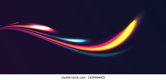Vector design element of neon light lines shining in the dark forming feather shape, abstract background