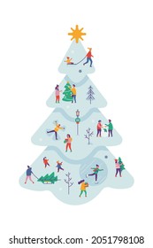 Elemento de diseño de vectores en Navidad con gente diminuta disfrutando de vacaciones de invierno al aire libre en un parque nevado en forma de árbol abstracto de Navidad. Concepto de actividades de la temporada de invierno