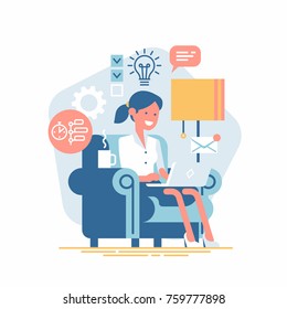 Vector design element on creative industry professional sitting in armchair with laptop working on idea surrounded by creative process icons and symbols