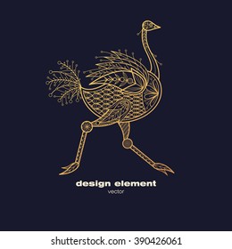 Vector design element - ostrich. Icon decorative animal isolated on black background. Modern decorative illustration bird. Template for creating logo, emblem, sign, poster. Concept of gold foil print.