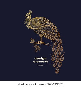 Vector design element - peacock. Icon decorative bird isolated on black background. Modern decorative illustration animal. Template for creating logo, emblem, sign, poster. Concept of gold foil print.