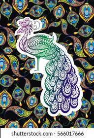 Vector design element - peacock. Icon decorative bird on feather background