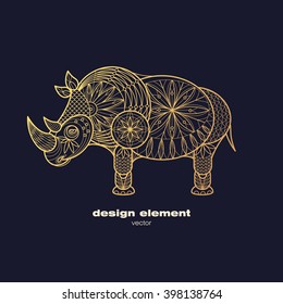 Vector design element - rhino. Icon decorative animal isolated on black background. Modern decorative illustration. Template for creating logo, emblem, sign, poster. Concept of gold foil print.