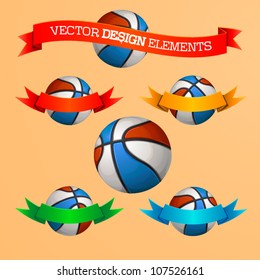 Vector design element set 3 colored basketballs with ribbon banners