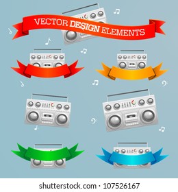 Vector design element set ghetto blaster audio cassette player with ribbon banners