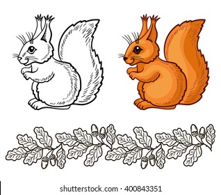 vector design element, squirrel and oak branch, foliage, path, forest, autumn, nature