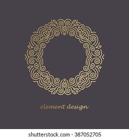 Vector design element. Template for creating logo, icon, symbol, emblem, monogram, frame. Linear trend style. Illustration gold pattern on black background. Concept of  unusual abstract luxury.