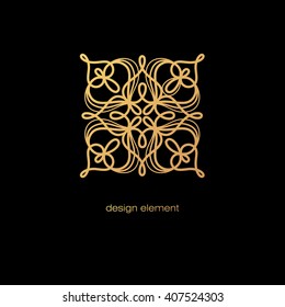 Vector design element. Template for creating logo, icon, symbol, emblem, monogram frame. Linear trend style. Illustration gold pattern on black background. Concept of  unusual abstract luxury decor.