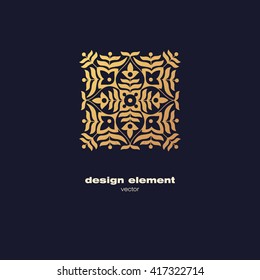 Vector design element. Template for creating logo, icon, symbol, emblem, monogram frame. Linear trend style. Illustration gold pattern on black background. Concept of  unusual abstract luxury decor.