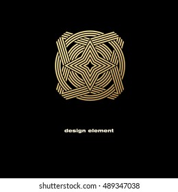 Vector design element. Template for creating logo, icon, symbol, emblem, monogram frame. Linear trend style. Illustration gold pattern on black background. Concept of  unusual abstract luxury decor.