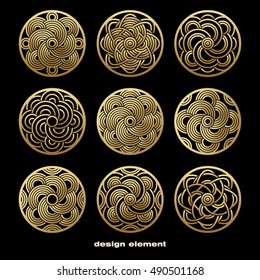 Vector design element. Template for creating logo, icon, symbol, emblem, monogram frame. Linear trend style. Illustration gold pattern on black background. Concept  unusual abstract luxury decor. Set.