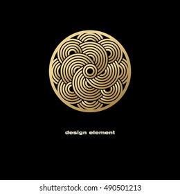 Vector design element. Template for creating logo, icon, symbol, emblem, monogram frame. Linear trend style. Illustration gold pattern on black background. Concept of  unusual abstract luxury decor.