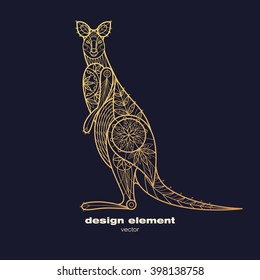 Vector design element wallaby. Icon decorative animal isolated on black background. Modern decorative illustration kangaroo. Template for creating logo, emblem, sign, poster. Concept gold foil print.