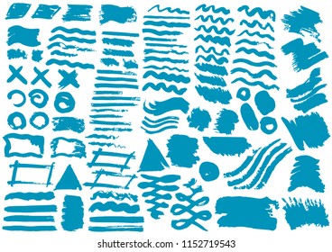 Vector design elements. Blue stripes, grunge. Handmade. Original textures, hand drawing. Brushes, frames for text, backgrounds. Waves, sea