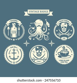 Vector design elements, business signs, identity, labels, badges, black mark, logos of pubs, cafes and canteens.Retro Vintage Piratical Insignias or Logotypes set.