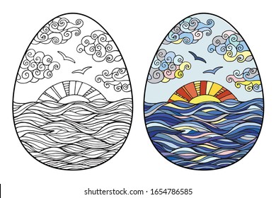 Vector design elements for coloring book, page. Colored and black and white illustration. Easy to change color. Doodle illustration of the sun setting over horizon.