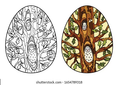 Vector design elements for coloring book, page. Colored and black and white illustration. Easy to change color. Two cute owls sitting in the hollow of a beautiful tree